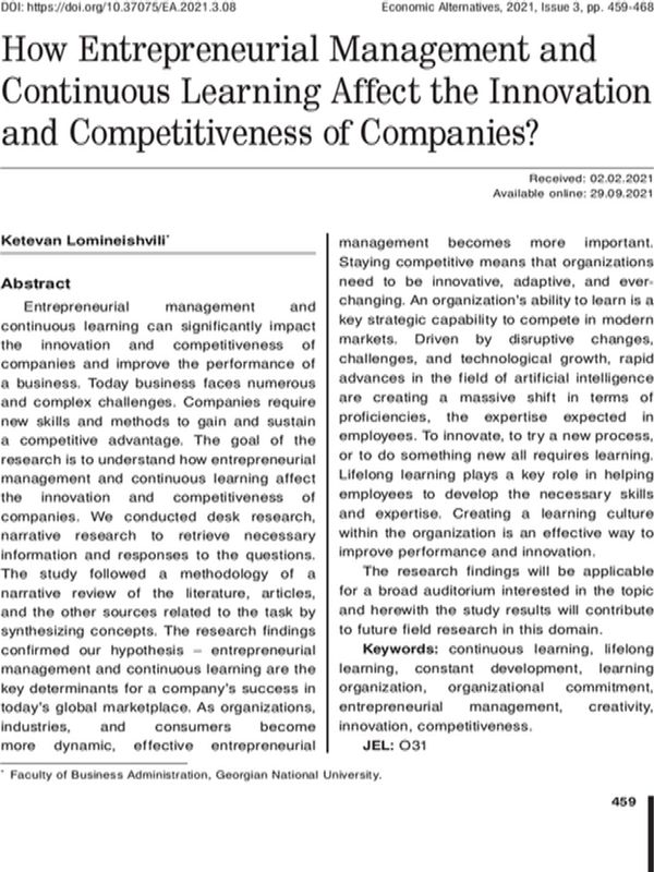 How Entrepreneurial Management and Continuous Learning Affect the Innovation and Competitiveness of Companies?