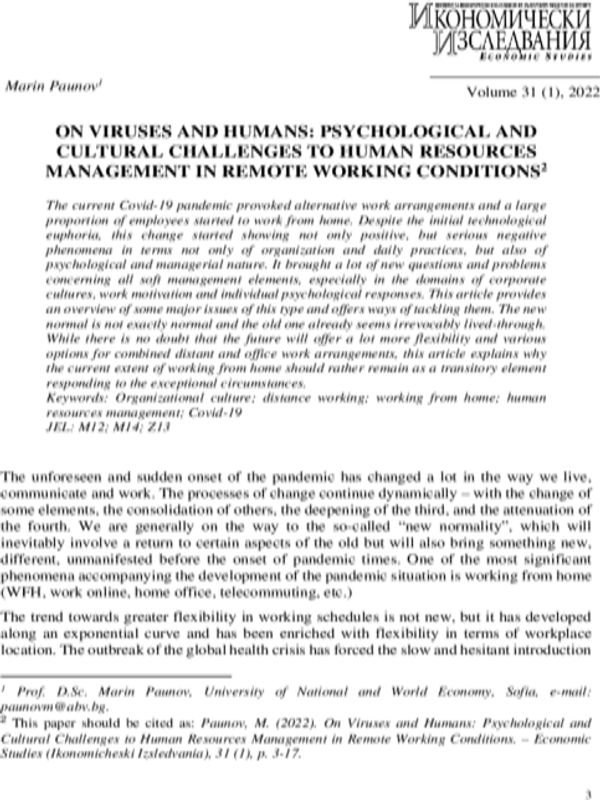 On Viruses and Humans: Psychological and Cultural Challenges to Human Resources Management in Remote Working Conditions