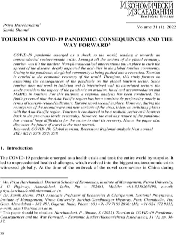 Tourism in COVID-19 Pandemic: Consequences and the Way Forward