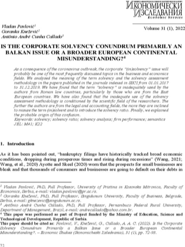 Is the Corporate Solvency Conundrum Primarily a Balkan Issue or a Broader European Continental Misunderstanding?