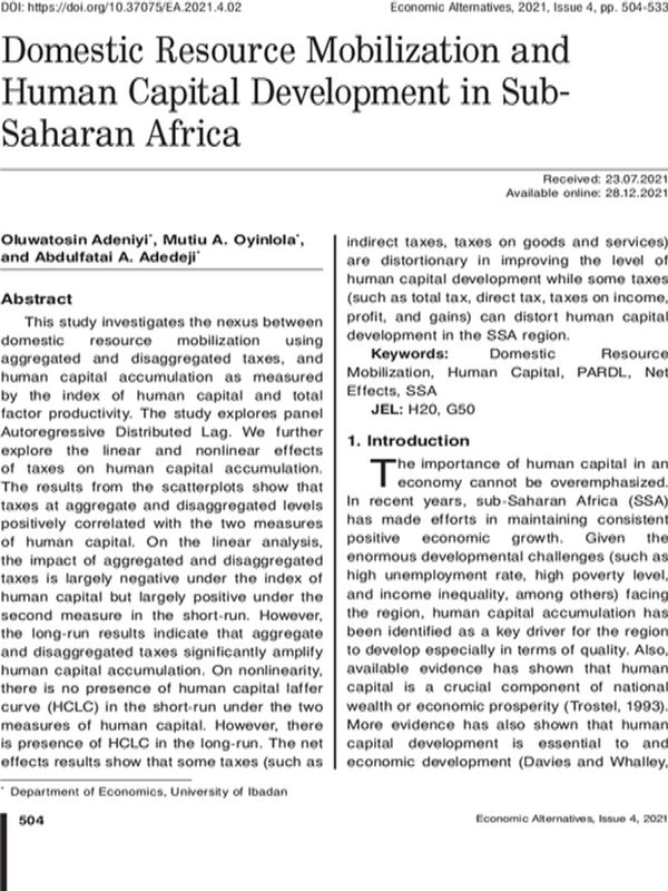 Domestic Resource Mobilization and Human Capital Development in Sub- Saharan Africa