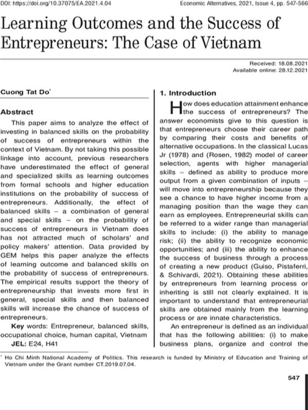 Learning Outcomes and the Success of Entrepreneurs: The Case of Vietnam