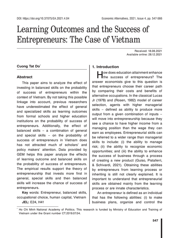 Learning Outcomes and the Success of Entrepreneurs: The Case of Vietnam