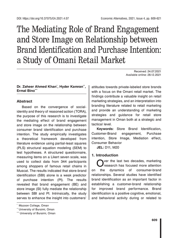 The Mediating Role of Brand Engagement and Store Image on Relationship between Brand Identification and Purchase Intention: a Study of Omani Retail Market