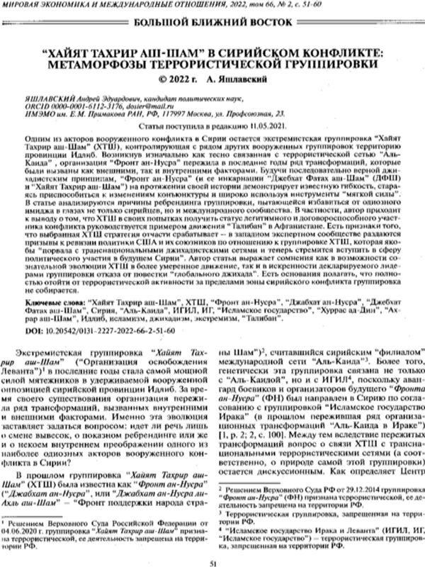 "Хайят Тахрир Аш-Шам" в сирийском конфликте: метаморфозы террористической группировки