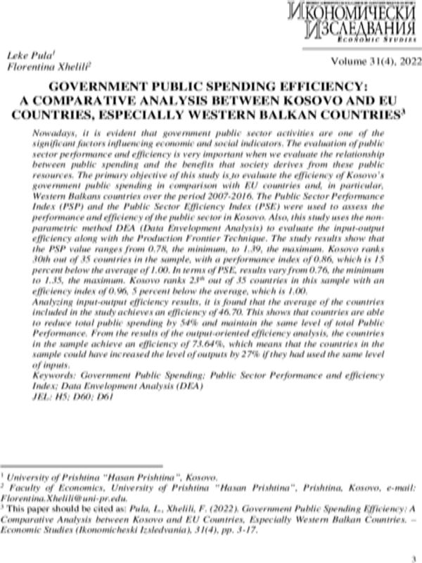 Government Public Spending Efficiency: A Comparative Analysis between Kosovo and EU Countries, Especially Western Balkan Countries