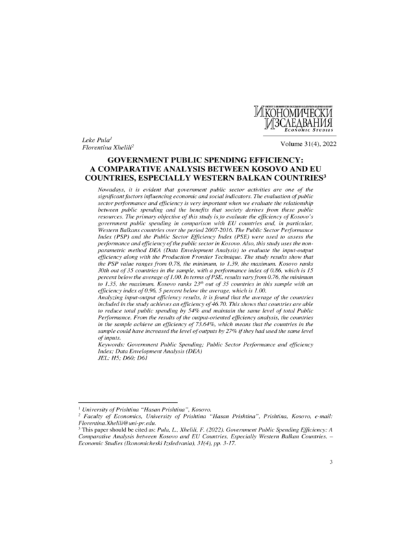 Government Public Spending Efficiency: A Comparative Analysis between Kosovo and EU Countries, Especially Western Balkan Countries