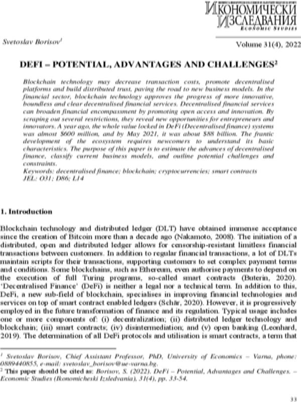 DeFi - Potential, Advantages and Challenges