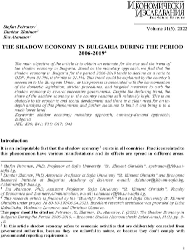 The Shadow Economy in Bulgaria During the Period 2006-2019
