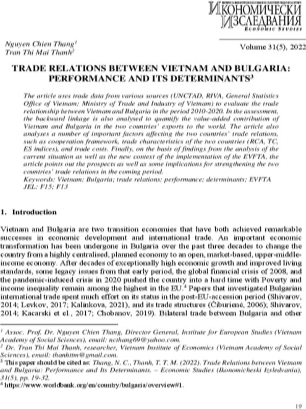 Trade relations between Vietnam and Bulgaria: Performance and Its Determinants