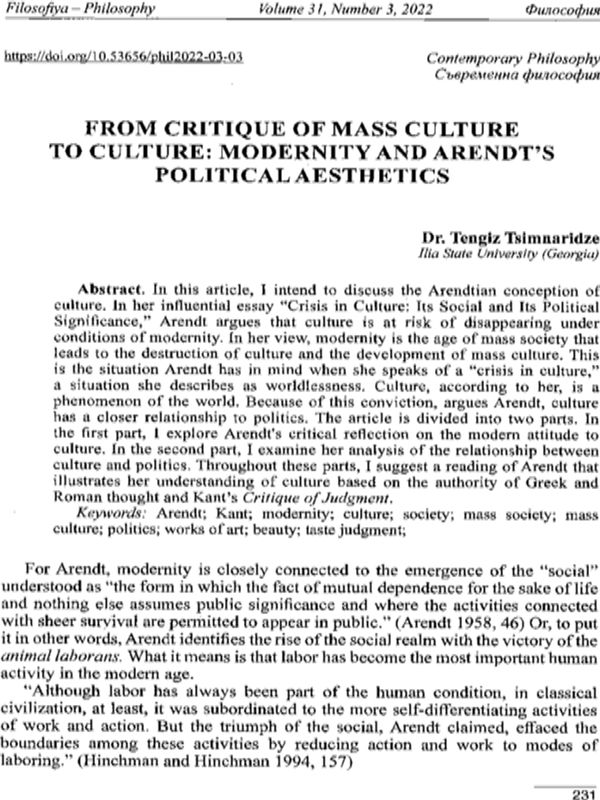 From Critique of Mass Culture to Culture: Modernity and Arendt's Political Aesthetics