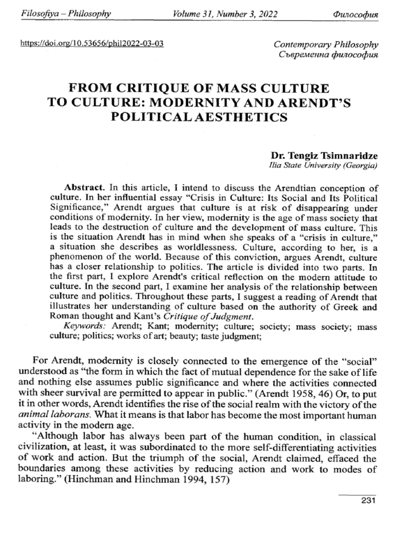 From Critique of Mass Culture to Culture: Modernity and Arendt's Political Aesthetics