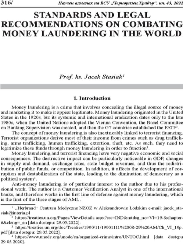 Standards and legal recommendations on combating money laundering in the world