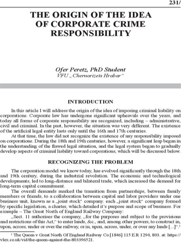 The origin of the idea of corporate crime responsibility