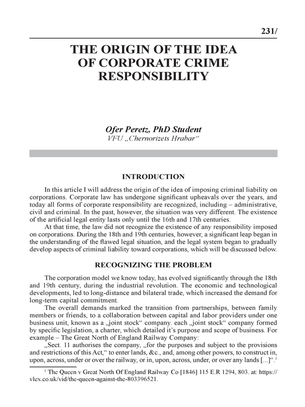 The origin of the idea of corporate crime responsibility