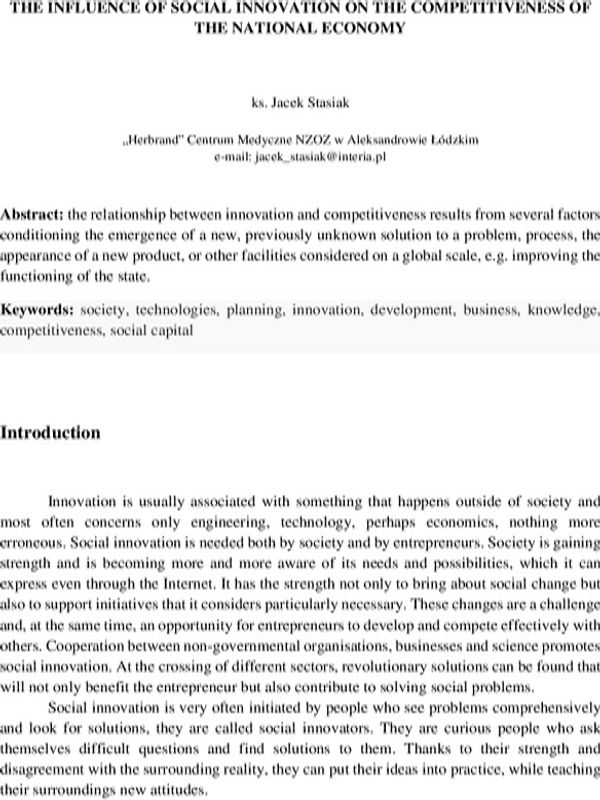 The influence of social innovation on the competitiveness of the national economy