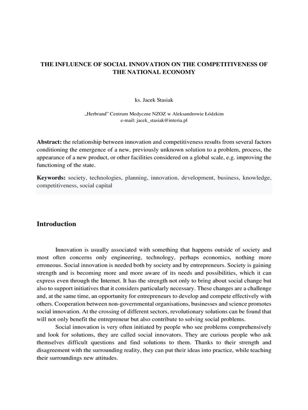 The influence of social innovation on the competitiveness of the national economy