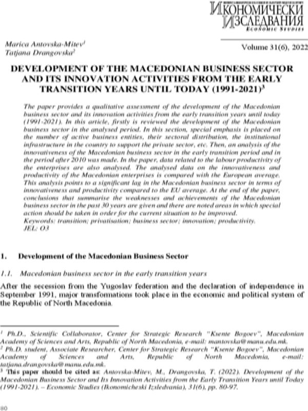 Development of the Macedonian Business Sector and Its Innovation Activities from the Early Transition Years until Today (1991-2021)