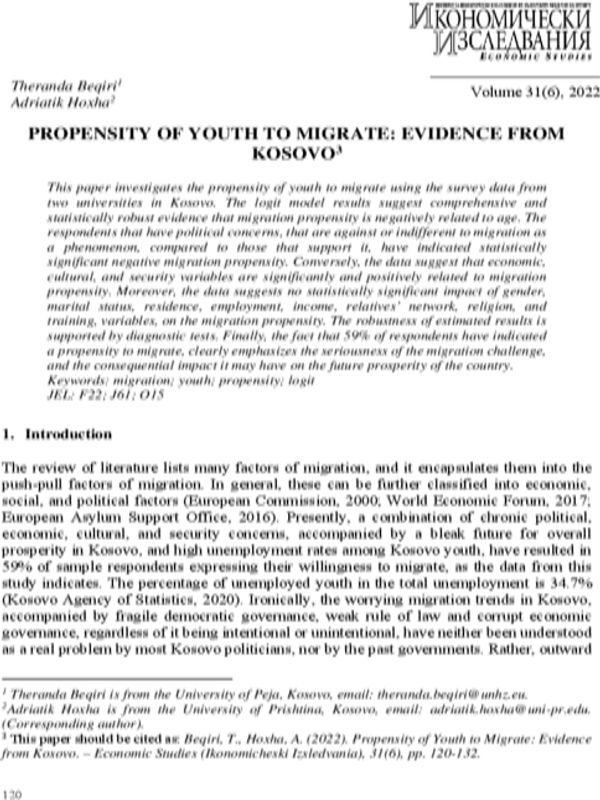 Propensity of Youth to Migrate: Evidence from Kosovo