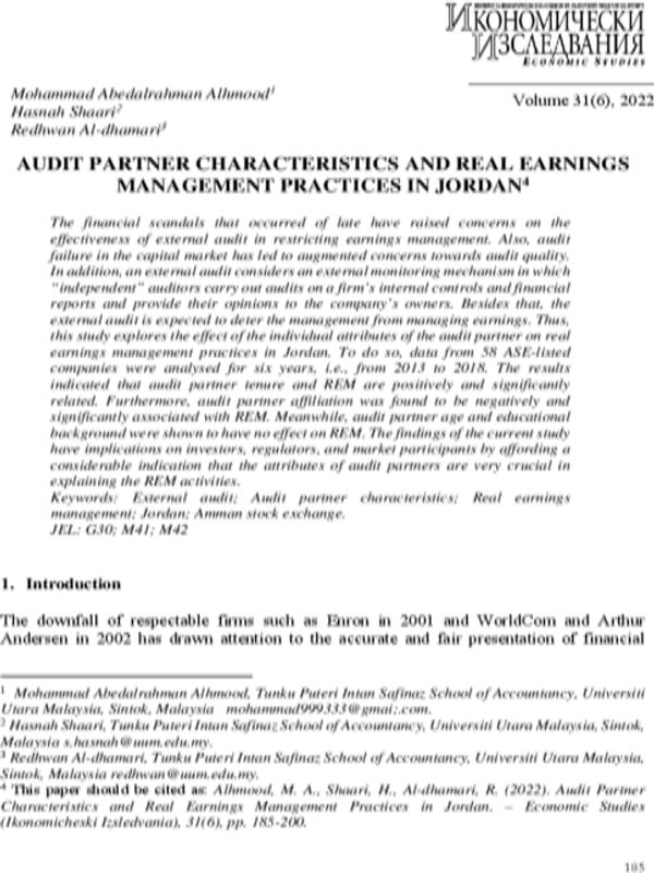 Audit Partner Characteristics and Real Earnings Management Practices in Jordan