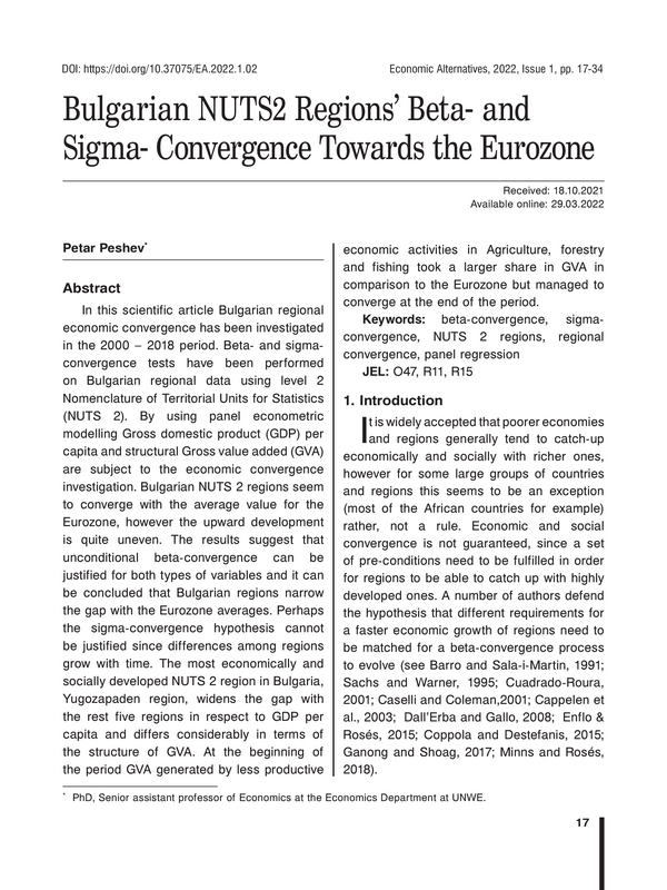 Bulgarian NUTS2 Regions’ Beta- and Sigma- Convergence Towards the Eurozone