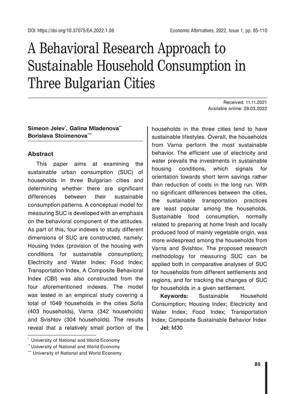 A Behavioral Research Approach to Sustainable Household Consumption in Three Bulgarian Cities