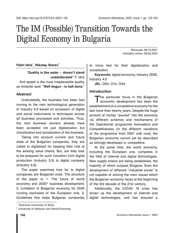 The IM (Possible) Transition Towards the Digital Economy in Bulgaria