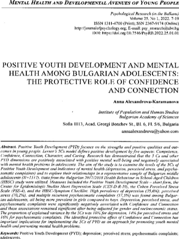 Positive Youth Development and Mental Health Among Bulgarian Adolescents: The Protective Role of Confidence and Connection
