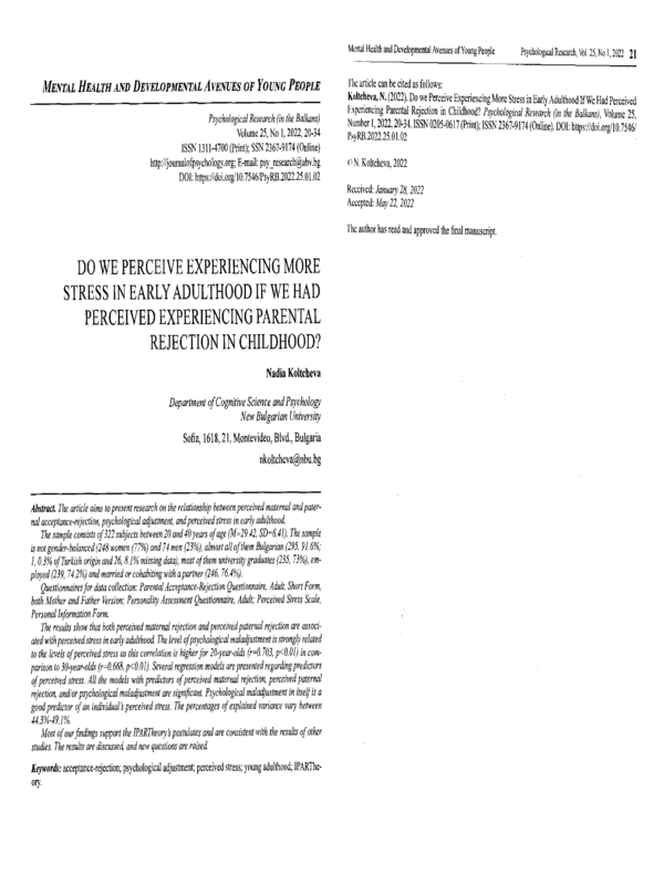 Do we Perceive Experiencing More Stress in Early Adulthood if We Had Perceived Experiencing Parental Rjection in Childhood?