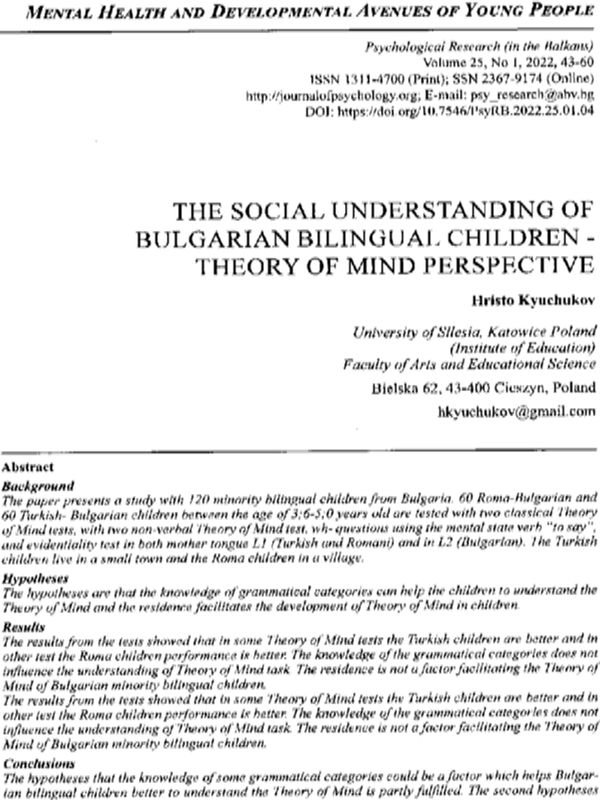 The Social Understanding of Bulgarian Bilingual Children - Theory of Mind Perspective