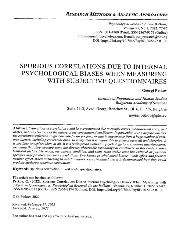 Spurious Correlations Due to Internal Psychological Biases When Measuring with Subjective Questionnaires