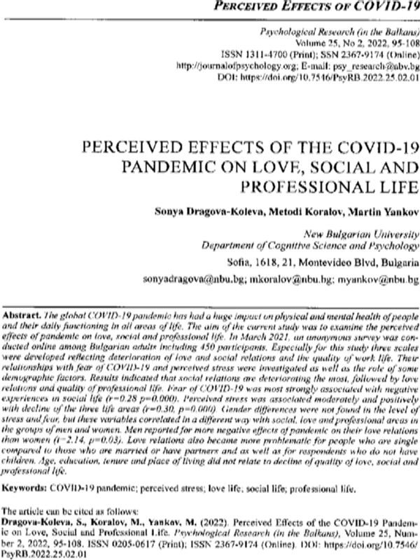 Perceived Effects of the Covid-19 Pandemic on Love, Social and Professional Life