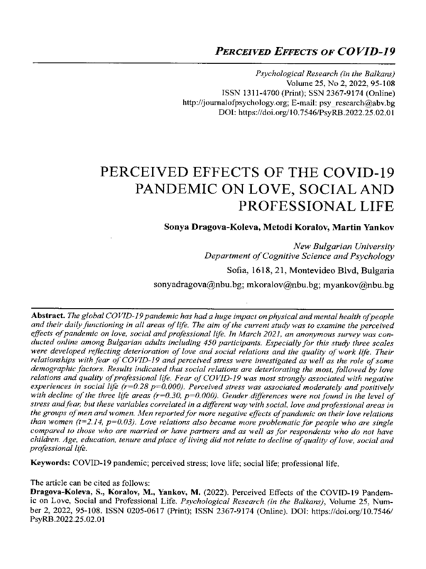 Perceived Effects of the Covid-19 Pandemic on Love, Social and Professional Life