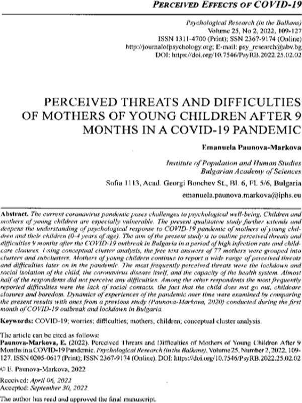 Perceived Threats and Difficulties of Mothers of Young Children after 9 Months in a Covid-19 pandemic