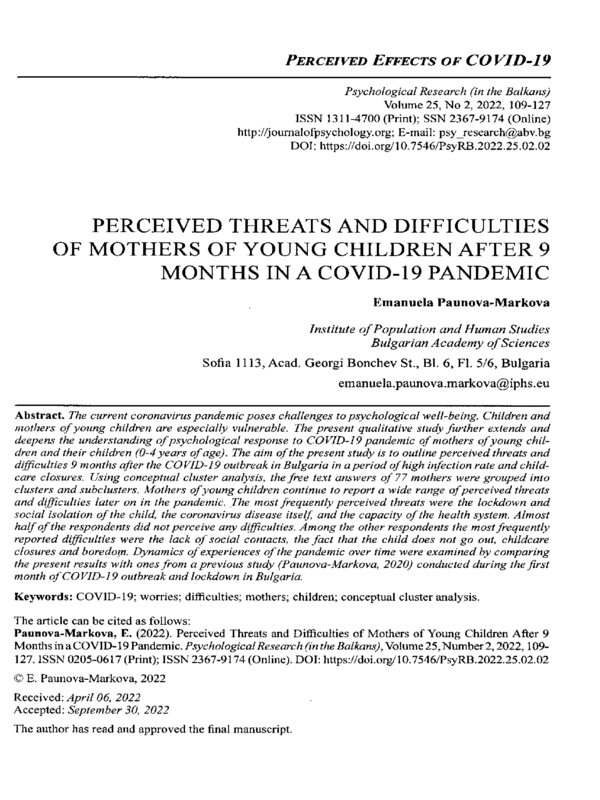 Perceived Threats and Difficulties of Mothers of Young Children after 9 Months in a Covid-19 pandemic