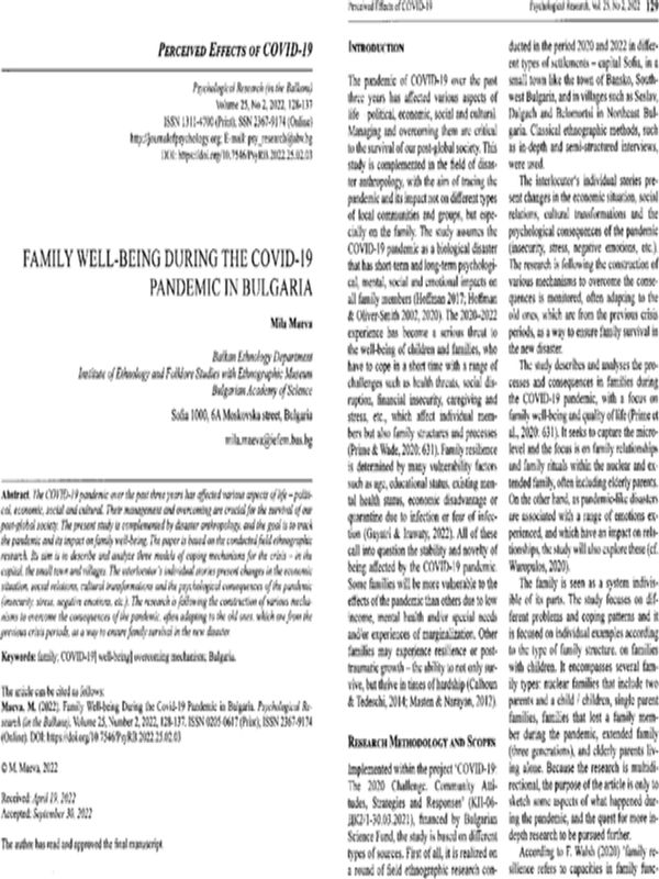 Family Well-Being During the Covid-19 Pandemic in Bulgaria