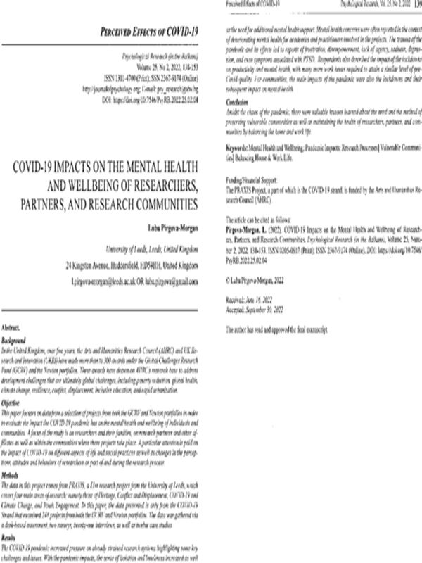 Covid-19 Impacts on the mental Health and Wellbeing of Researchers, Partners, and Research Communities