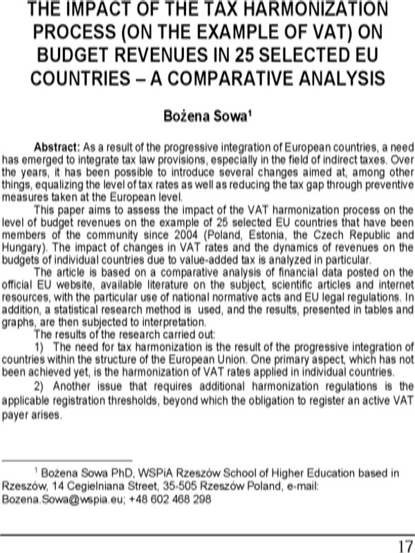 The Impact of the Tax harmonization Process (On the Example of Vat) on Budget Revenues in 25 Selected EU Countries - A Comparative Analysis