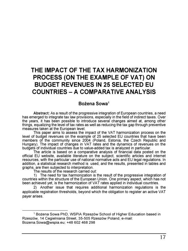 The Impact of the Tax harmonization Process (On the Example of Vat) on Budget Revenues in 25 Selected EU Countries - A Comparative Analysis