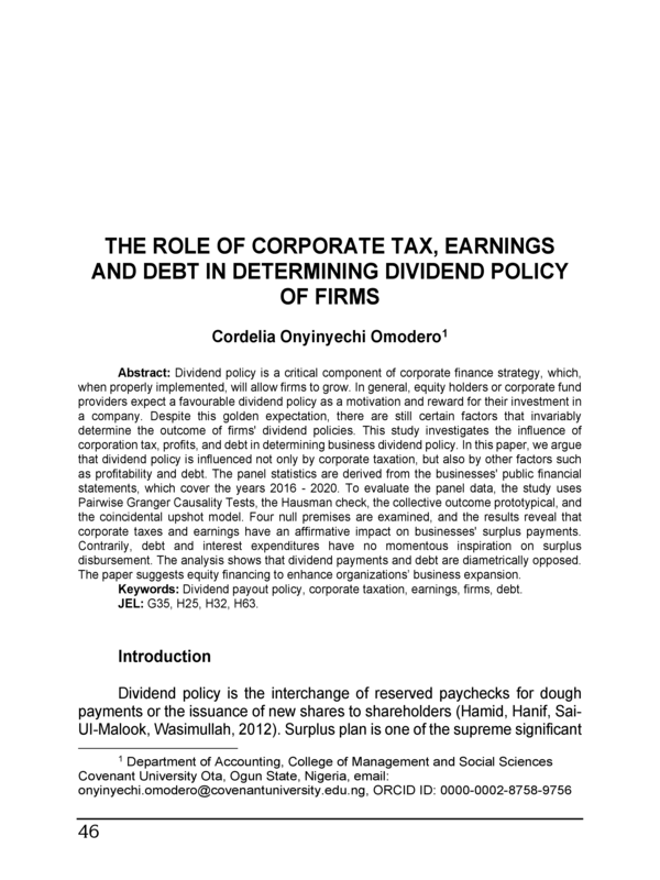 The Role of Corporate Tax, Earnings and debt in determining Dividend Policy of Firms