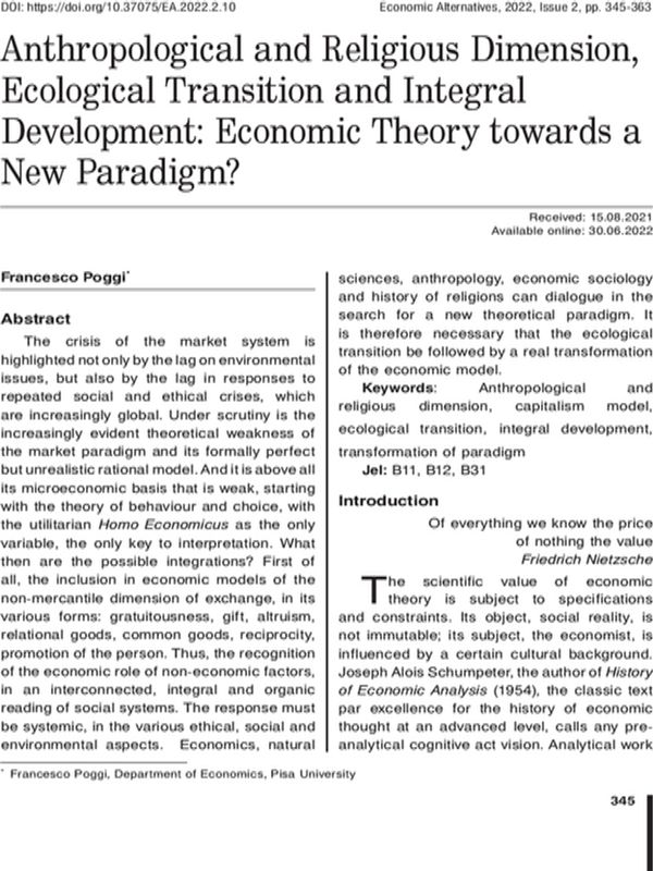 Anthropological and Religious Dimension, Ecological Transition and Integral Development: Economic theory towards a New Paradigm?