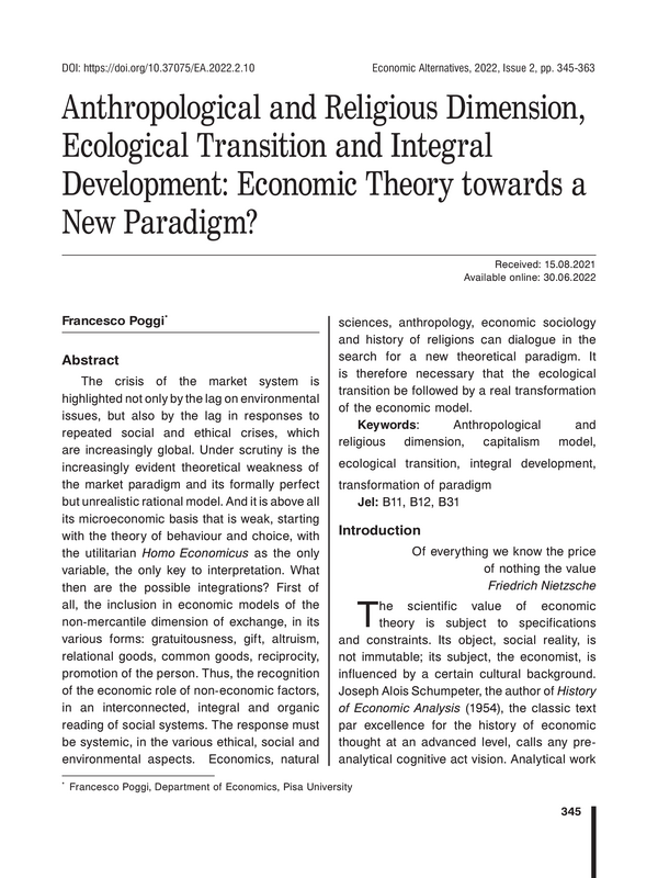 Anthropological and Religious Dimension, Ecological Transition and Integral Development: Economic theory towards a New Paradigm?