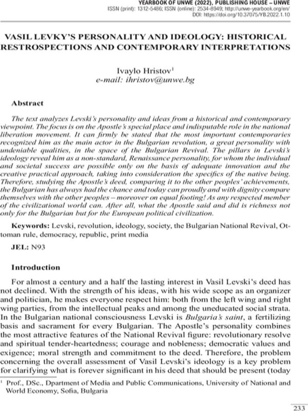 Vasil Levky’s Personality and Ideology: Historical Restrospections and Contemporary Interpretations