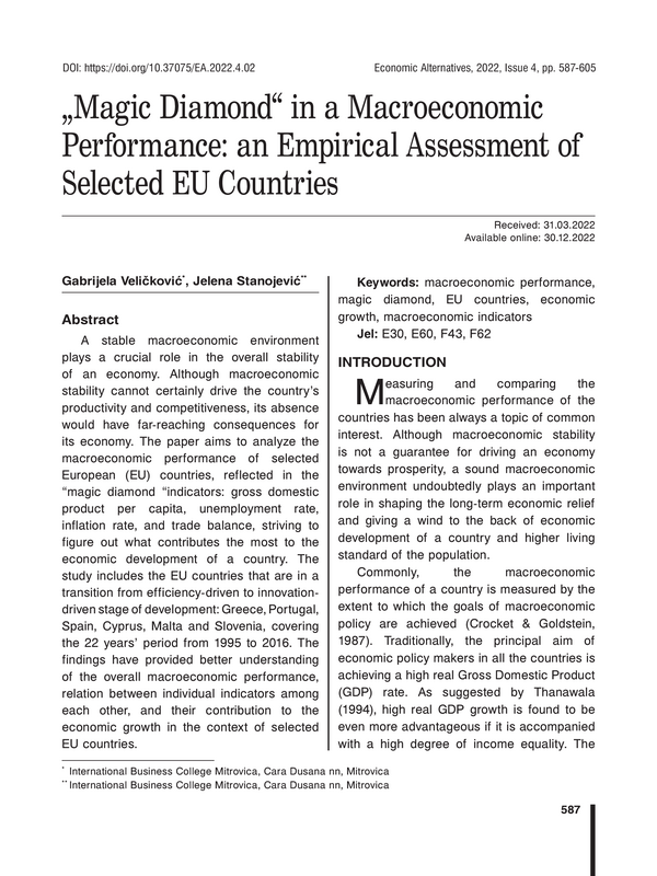 “Magic Diamond” in a Macroeconomic Performance: an Empirical Assessment of Selected EU Countries