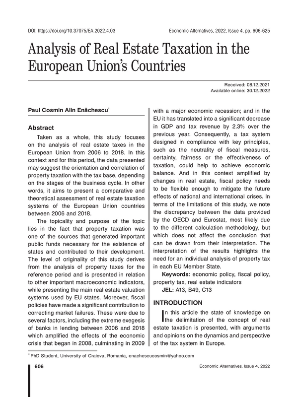 Analysis of Real Estate Taxation in the European Union’s Countries