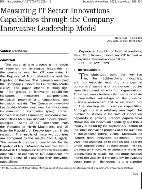 Measuring IT Sector Innovations Capabilities through the Company Innovative Leadership Model