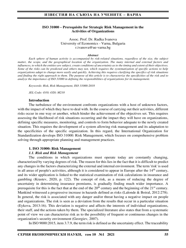 ISO 31000 - Prerequisite for Strategic Risk Management in the Activities of Organizations