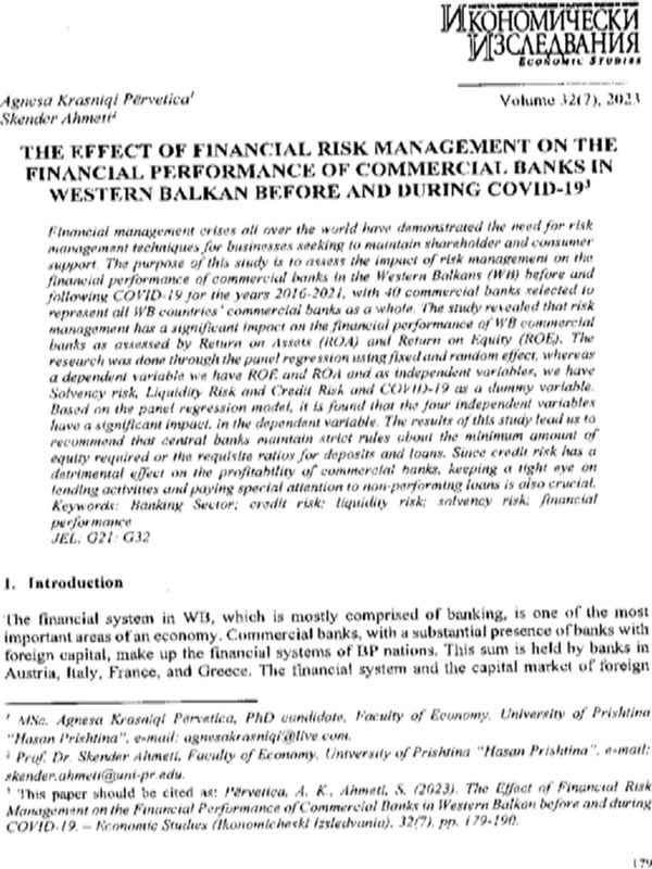 The Effect of financial Risk Management on the Financial Performance of Commercial Banks in Western Balkan Before and During COVID-19