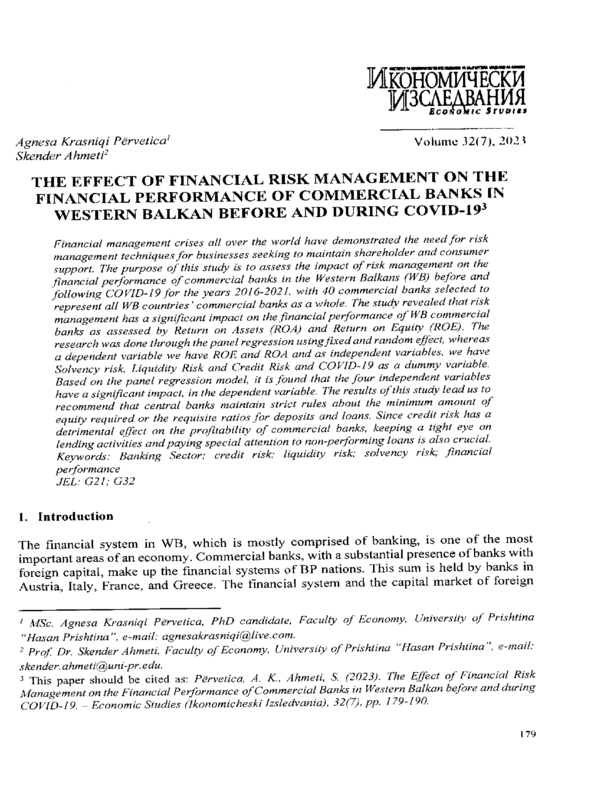 The Effect of financial Risk Management on the Financial Performance of Commercial Banks in Western Balkan Before and During COVID-19