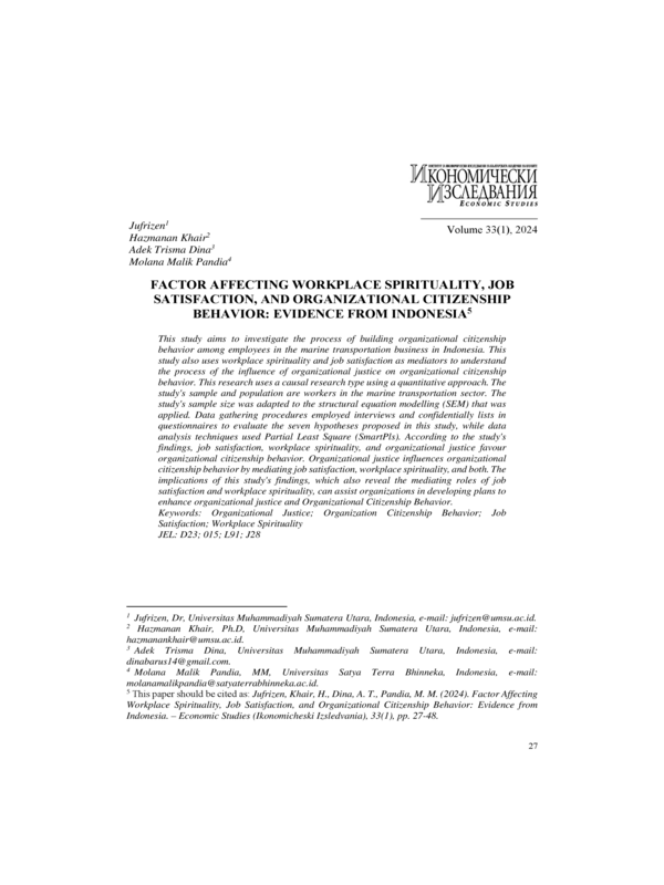 Factor Affecting Workplace Spirituality, Job Satisfaction, and Organizational Citizenship Behavior: Evidence from Indonesia